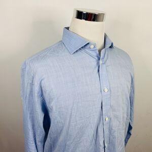 Nicholas Joseph 17 34/35 Bespoke Dress Shirt Linen Cotton Blend Light Blue